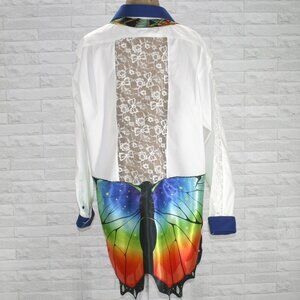 HAND CRAFTED Upcycled Shirt Shacket White Lace Swim Cover Butterfly Parrot Tie